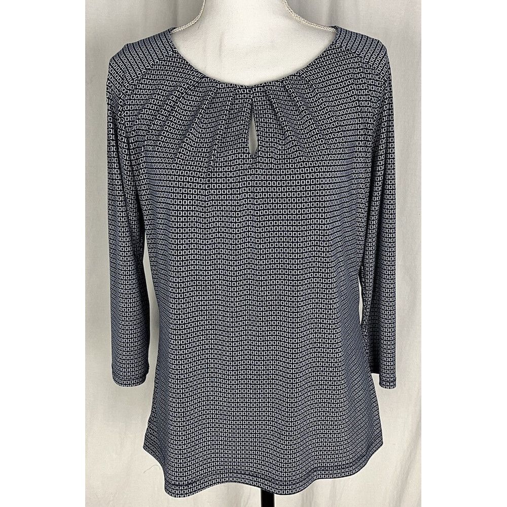 Liz Claiborne Top Womens Size M Blue Geometric 3/4 Sleeve Shirt Keyhole Neckline